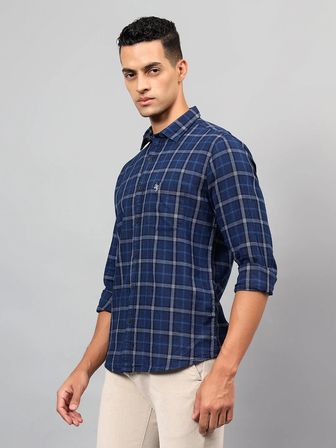 Men's Navy Blue Checked Full Sleeves Casual Shirt