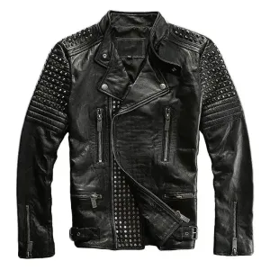 Men's Rock Punk Black Studded Metal Spiked Motorcycle Leather Jacket