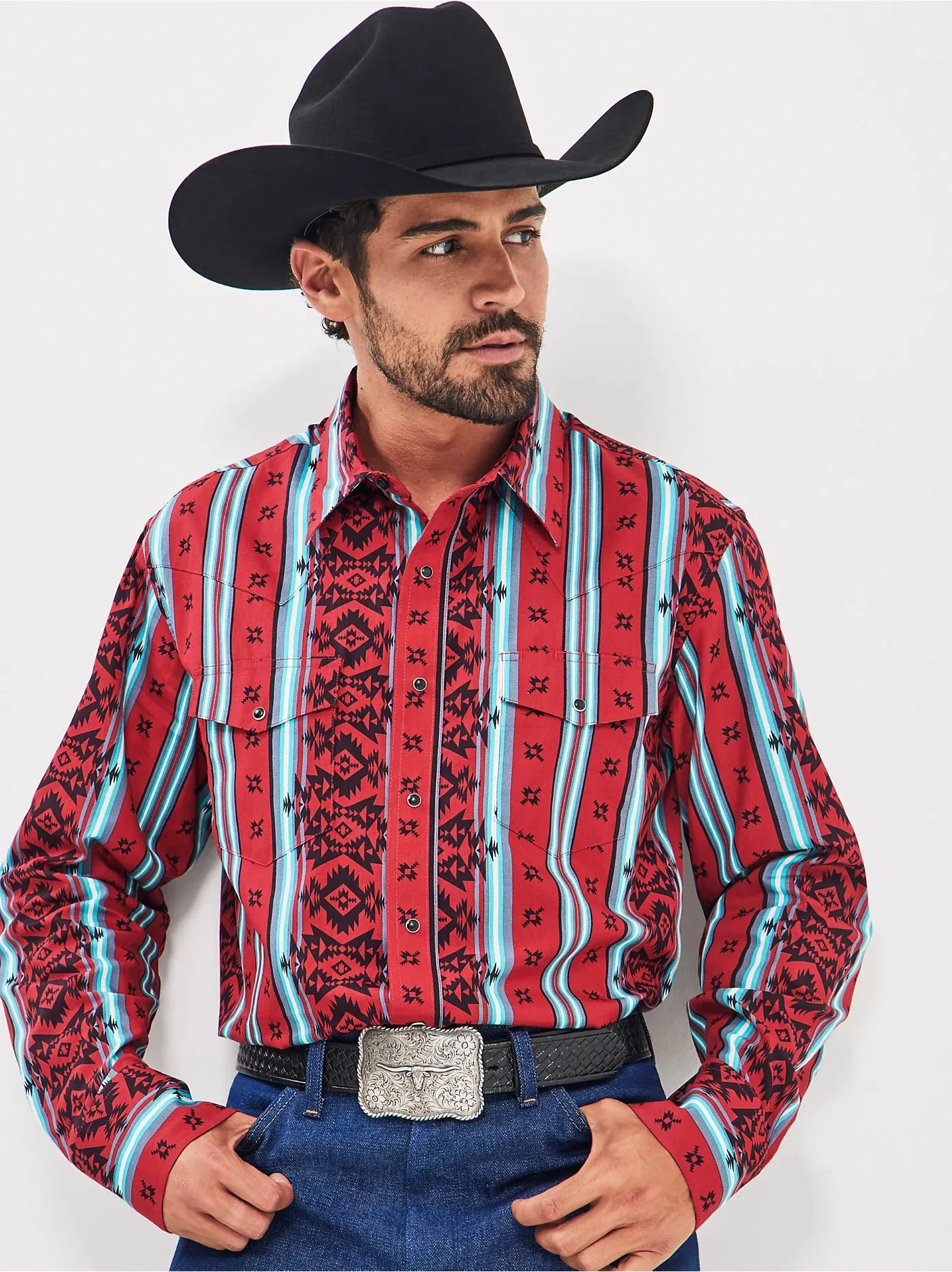 Men's Wrangler Checotah Red Aztec Long Sleeve Snap Shirt