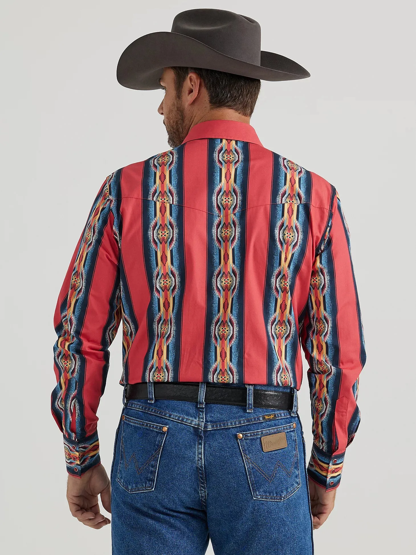 Men's Wrangler Checotah Red Flame Print Long Sleeve Snap Shirt