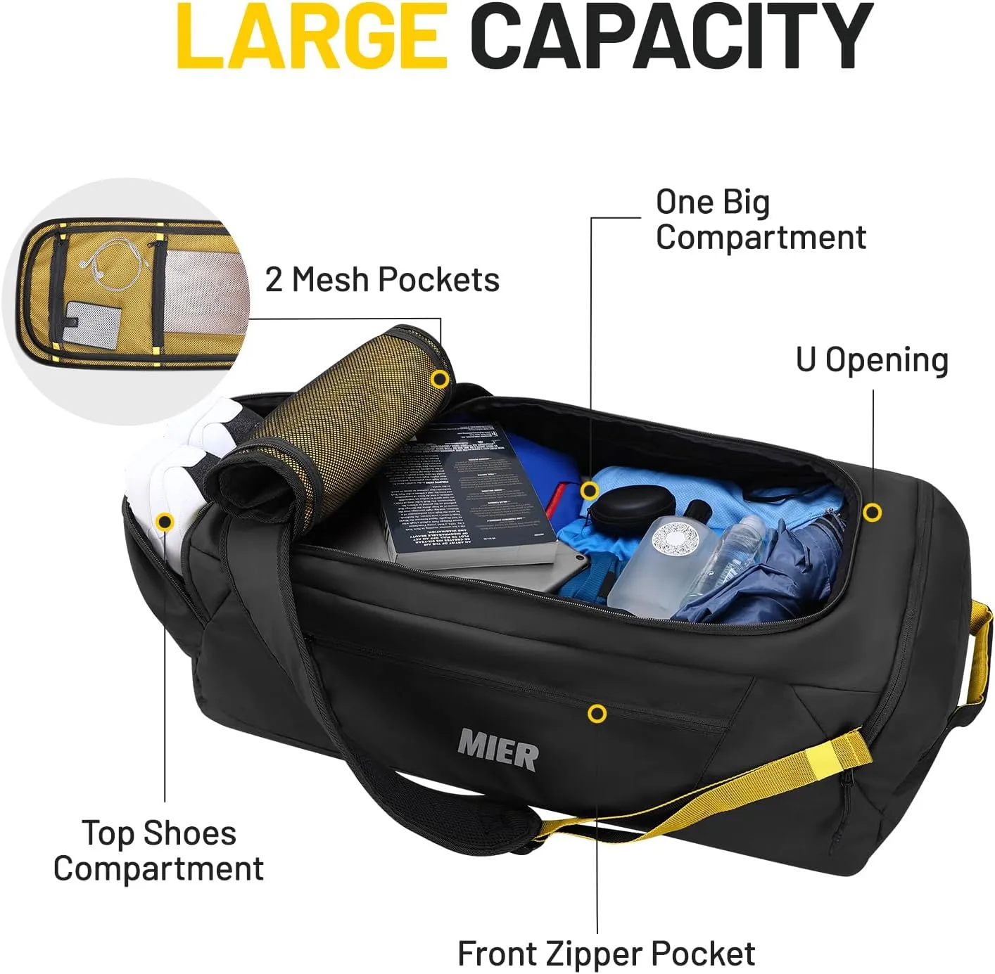MIER Foldable Travel Duffle Backpack Lightweight Large Duffel Bag with Shoes Compartment for Traveling Camping Hiking Weekender for Men Women Water & Wear Resistant, 60L, Black