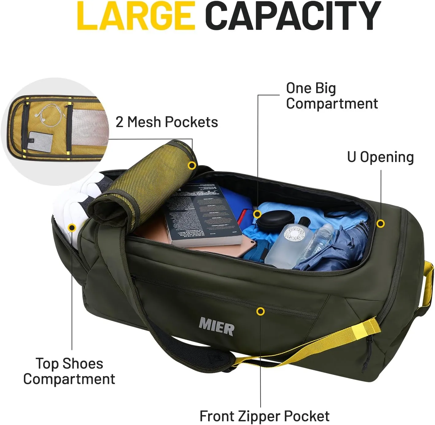MIER Foldable Travel Duffle Backpack Lightweight Large Duffel Bag with Shoes Compartment for Traveling Camping Hiking Weekender for Men Women Water & Wear Resistant, 60L, Green