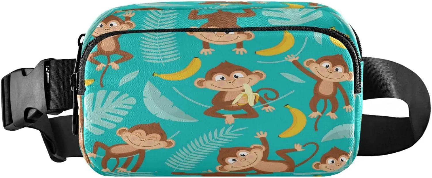 Monkey Palm Leaves Blue Belt Bag for Women Men Fanny Pack Small Waist Pouch Crossbody Bags for Outdoor Hiking Running Travel