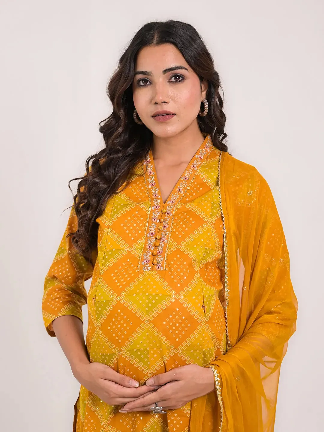 MUMZHUG MUSTARD COLORED BANDHEJ PRINT COTTON FEEDING AND MATERNITY KURTA PANT AND DUPATTA