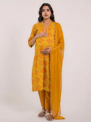 MUMZHUG MUSTARD COLORED BANDHEJ PRINT COTTON FEEDING AND MATERNITY KURTA PANT AND DUPATTA