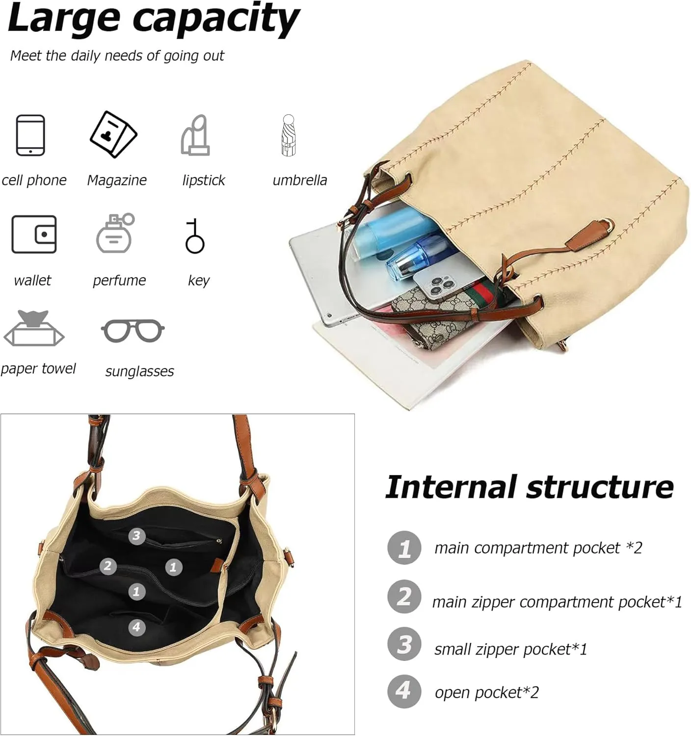 myfriday Casual Leather Tote Hobo Bag for Women, Soft Shoulder Bag Crossbody Satchel Purse and Handbag