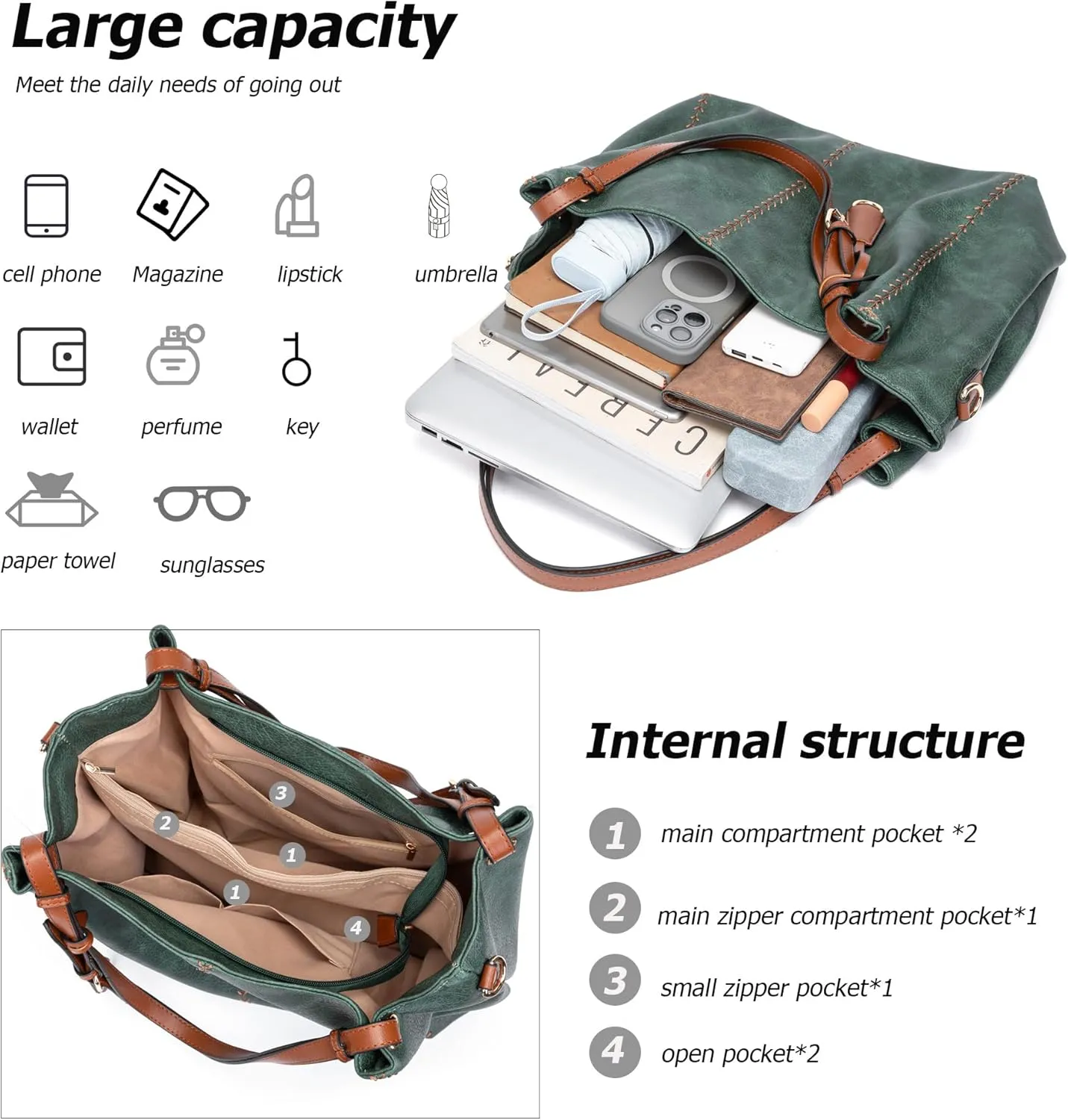 myfriday Casual Leather Tote Hobo Bag for Women, Soft Shoulder Bag Crossbody Satchel Purse and Handbag