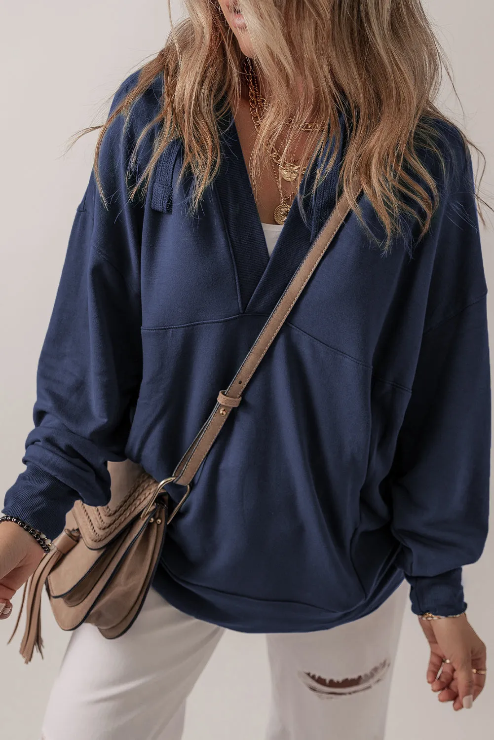 Navy Blue Casual V Neck Drawstring Hoodie