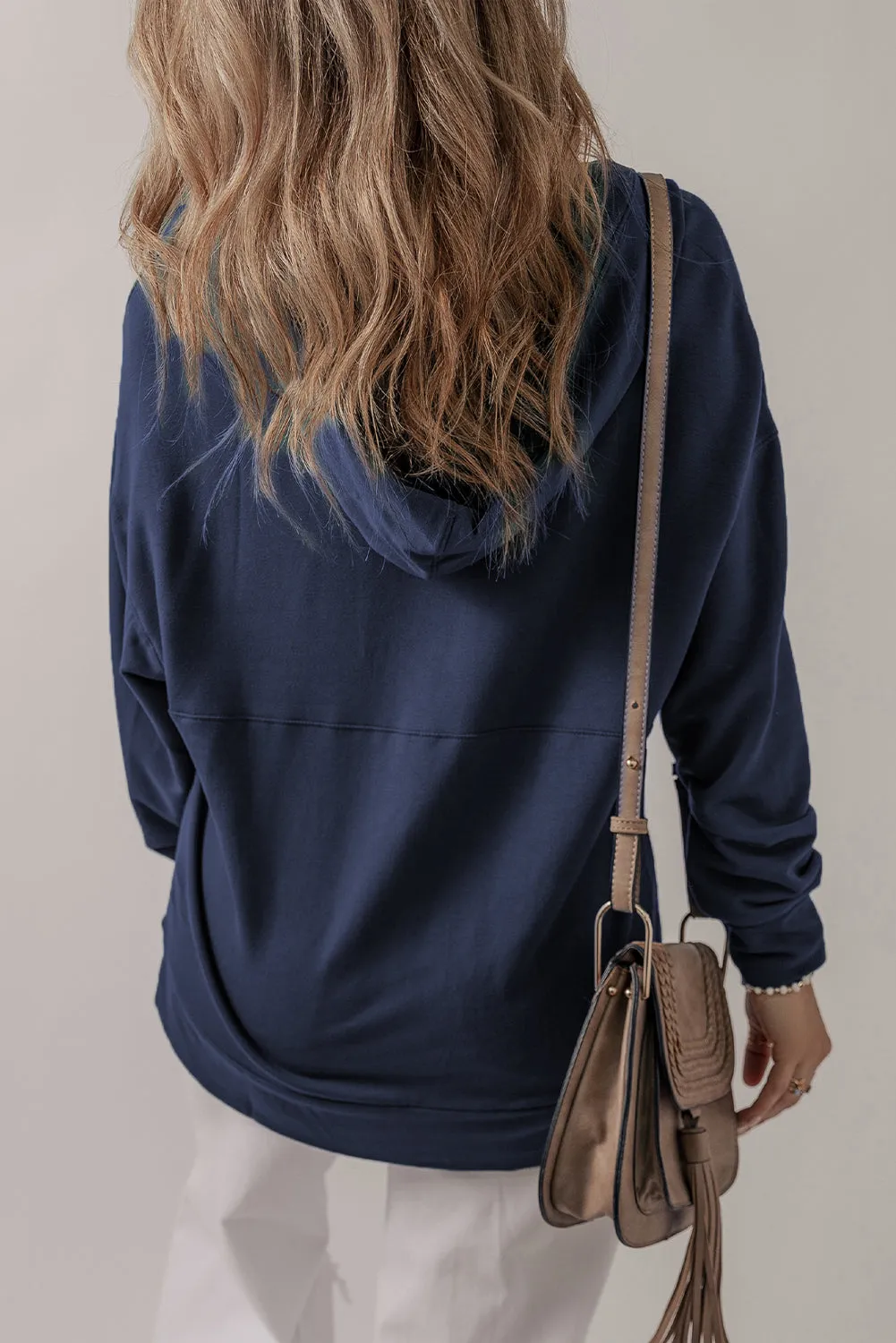Navy Blue Casual V Neck Drawstring Hoodie