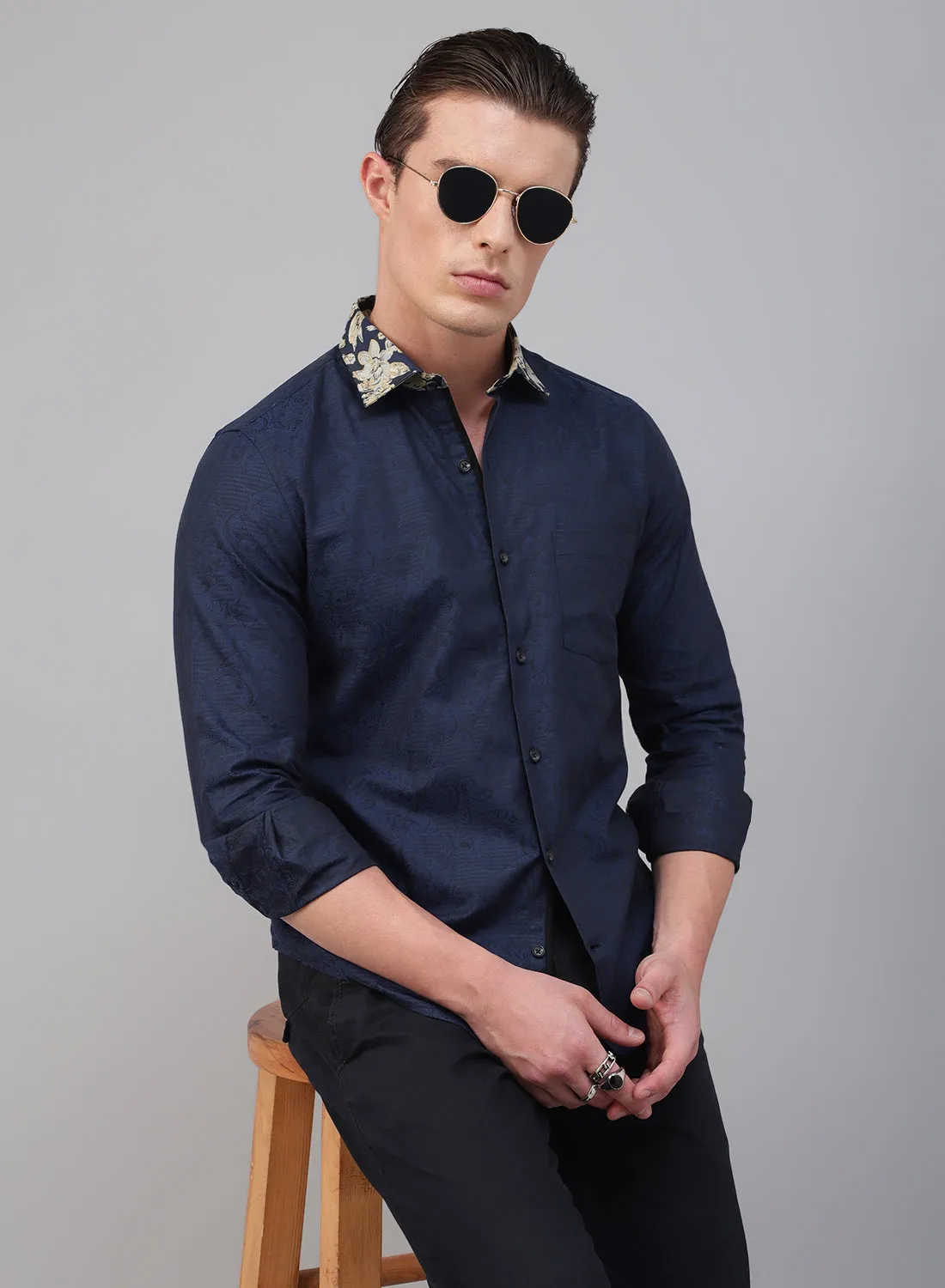 Navy Blue Cotton Full Sleeve Shirt