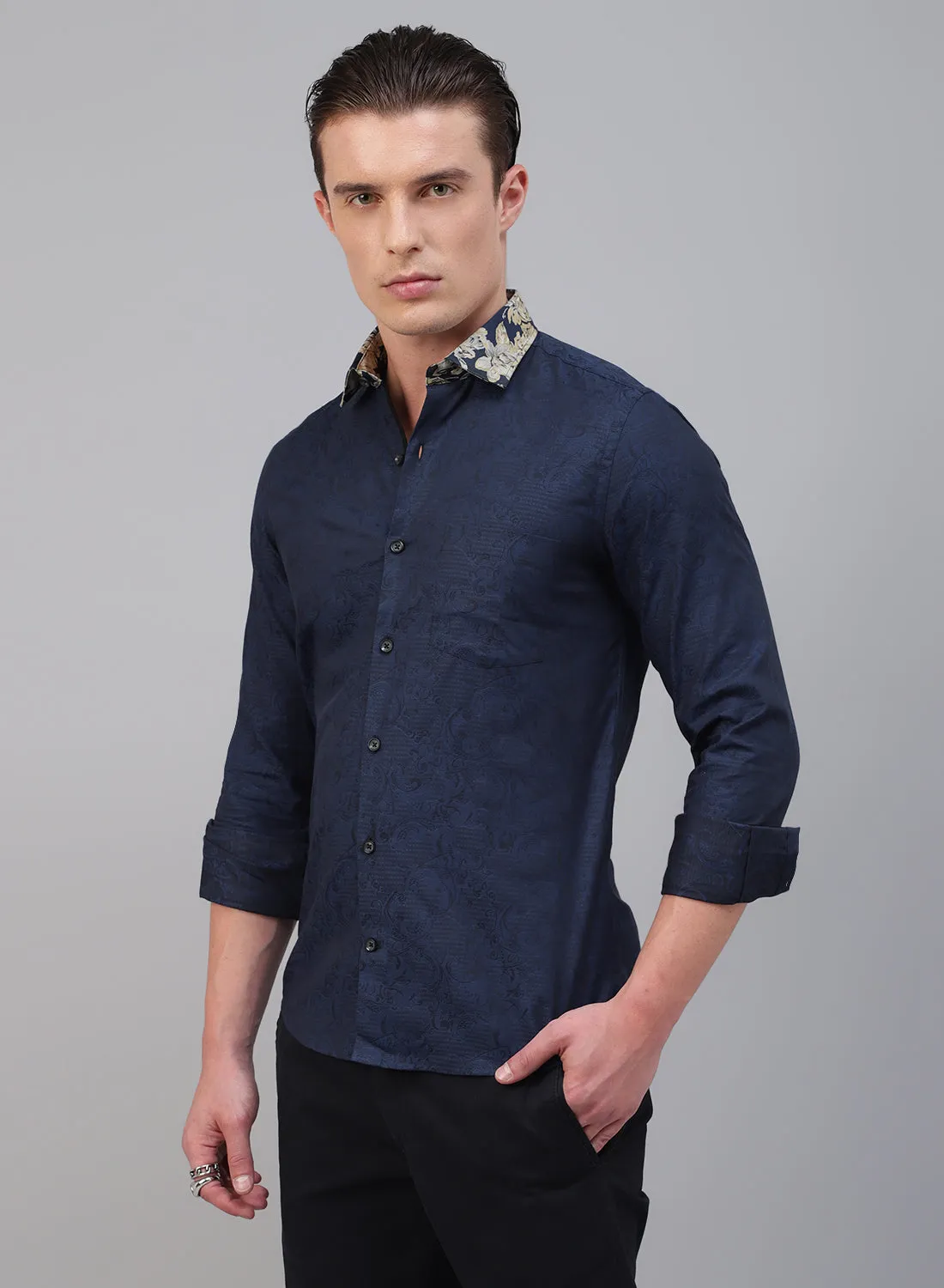 Navy Blue Cotton Full Sleeve Shirt
