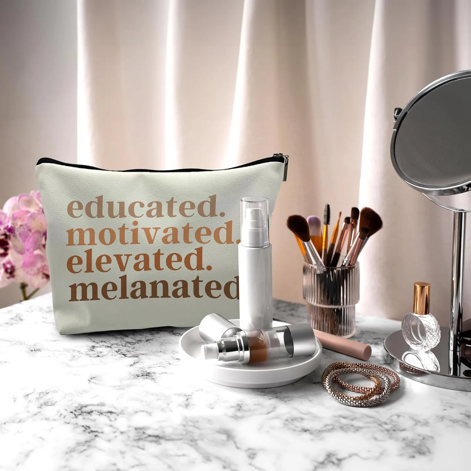 Nogrit African American Gifts,Black Women Girls Gifts,Black Women Makeup Bag Cosmetic Bag,Educated Motivated Elevated Melanated Melanin Makeup Travel Toiletry Bag,PU
