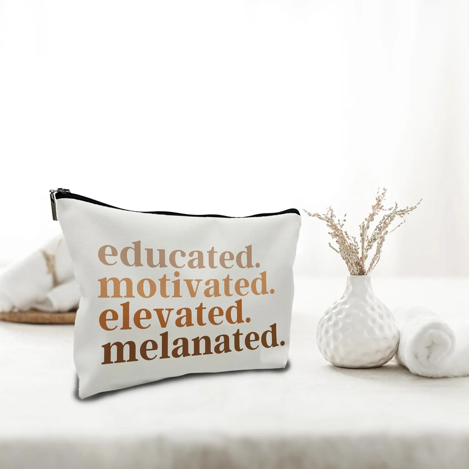 Nogrit African American Gifts,Black Women Girls Gifts,Black Women Makeup Bag Cosmetic Bag,Educated Motivated Elevated Melanated Melanin Makeup Travel Toiletry Bag,PU