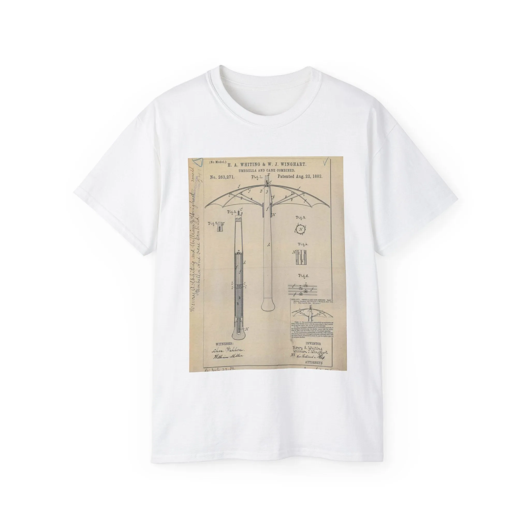 Patent drawing - for H. A. Whiting and W. J. Winghart's Umbrella and Cane Combined Public domain  image White T-Shirt Gildan 2000 Cotton Unisex