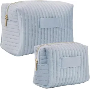 Personalized Velvet Makeup Bag, Quilted Cosmetic Pouch with Custom Name, 4 Colors (No Personalization, Ice Blue, Small)