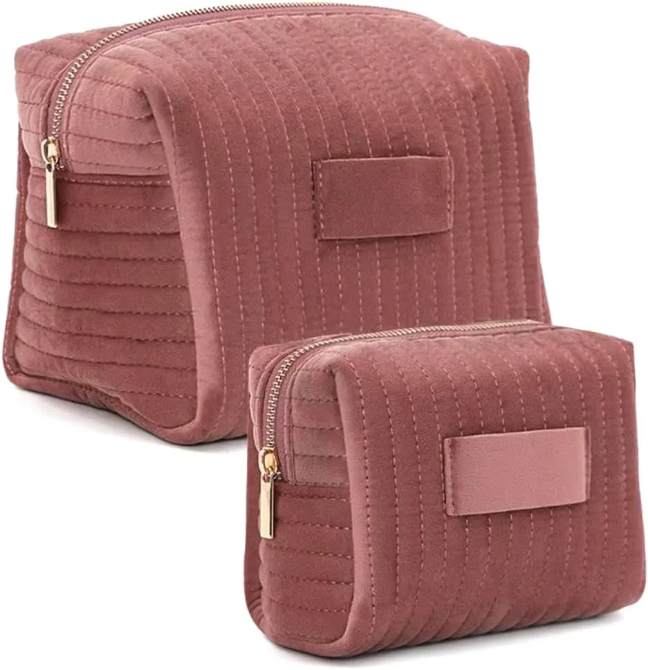 Personalized Velvet Makeup Bag, Quilted Cosmetic Pouch with Custom Name, 4 Colors (Personalization, Dusty Rose, Small)