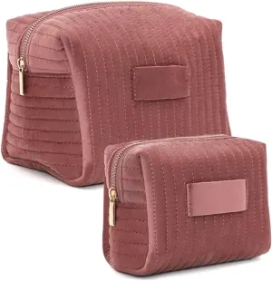 Personalized Velvet Makeup Bag, Quilted Cosmetic Pouch with Custom Name, 4 Colors (Personalization, Dusty Rose, Small)