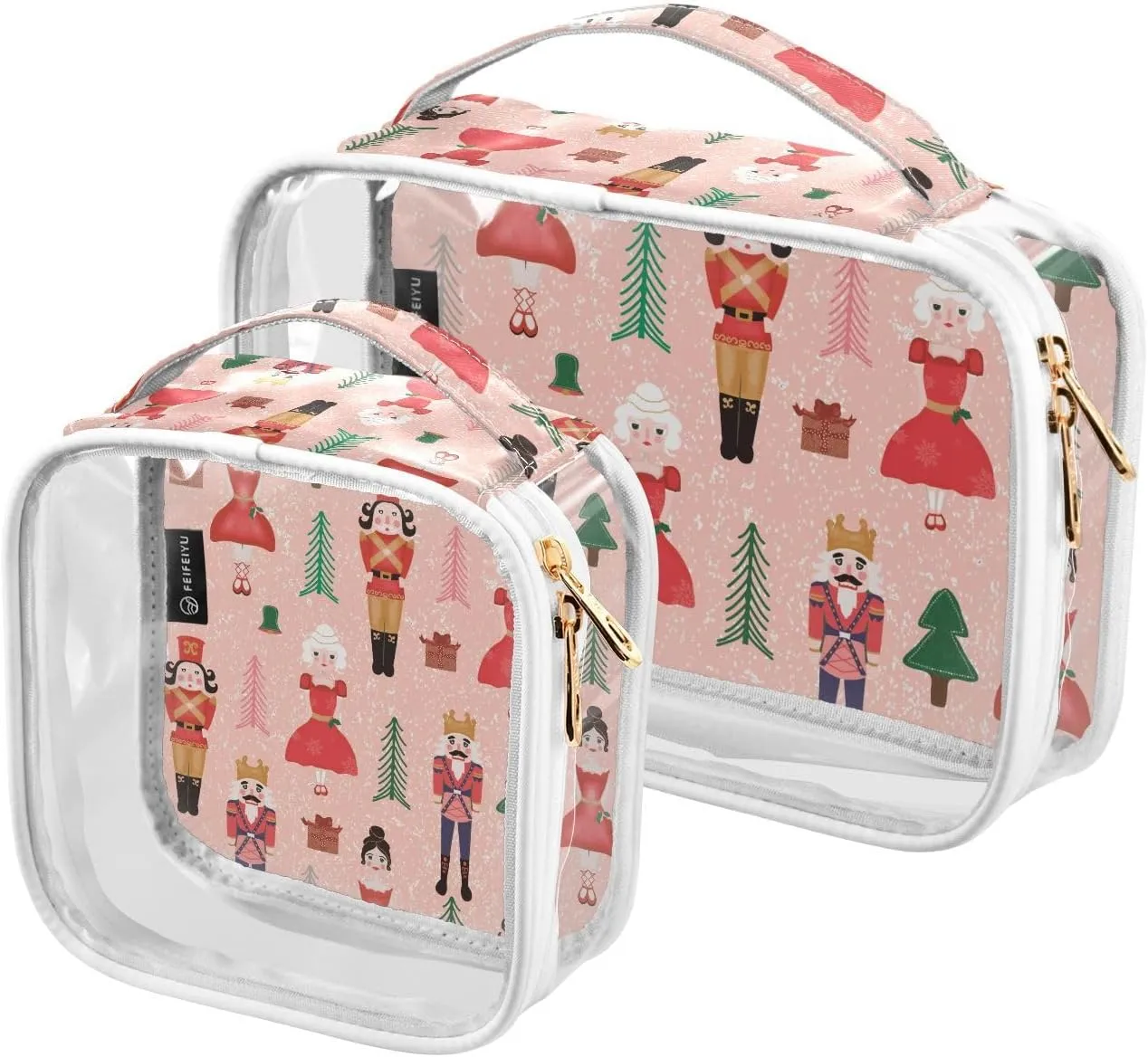 Pink Tree Nutcrackers 2 Pieces Clear Makeup Cosmetic Toiletry Bags for Women PVC Waterproof Portable Travel Storage Carry Pouch with Gold Zippers Organizer Case for Vacation Organizing Traveling