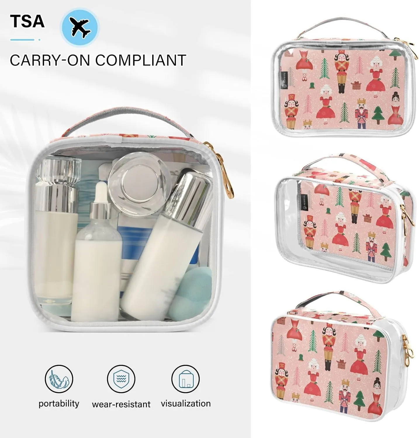 Pink Tree Nutcrackers 2 Pieces Clear Makeup Cosmetic Toiletry Bags for Women PVC Waterproof Portable Travel Storage Carry Pouch with Gold Zippers Organizer Case for Vacation Organizing Traveling