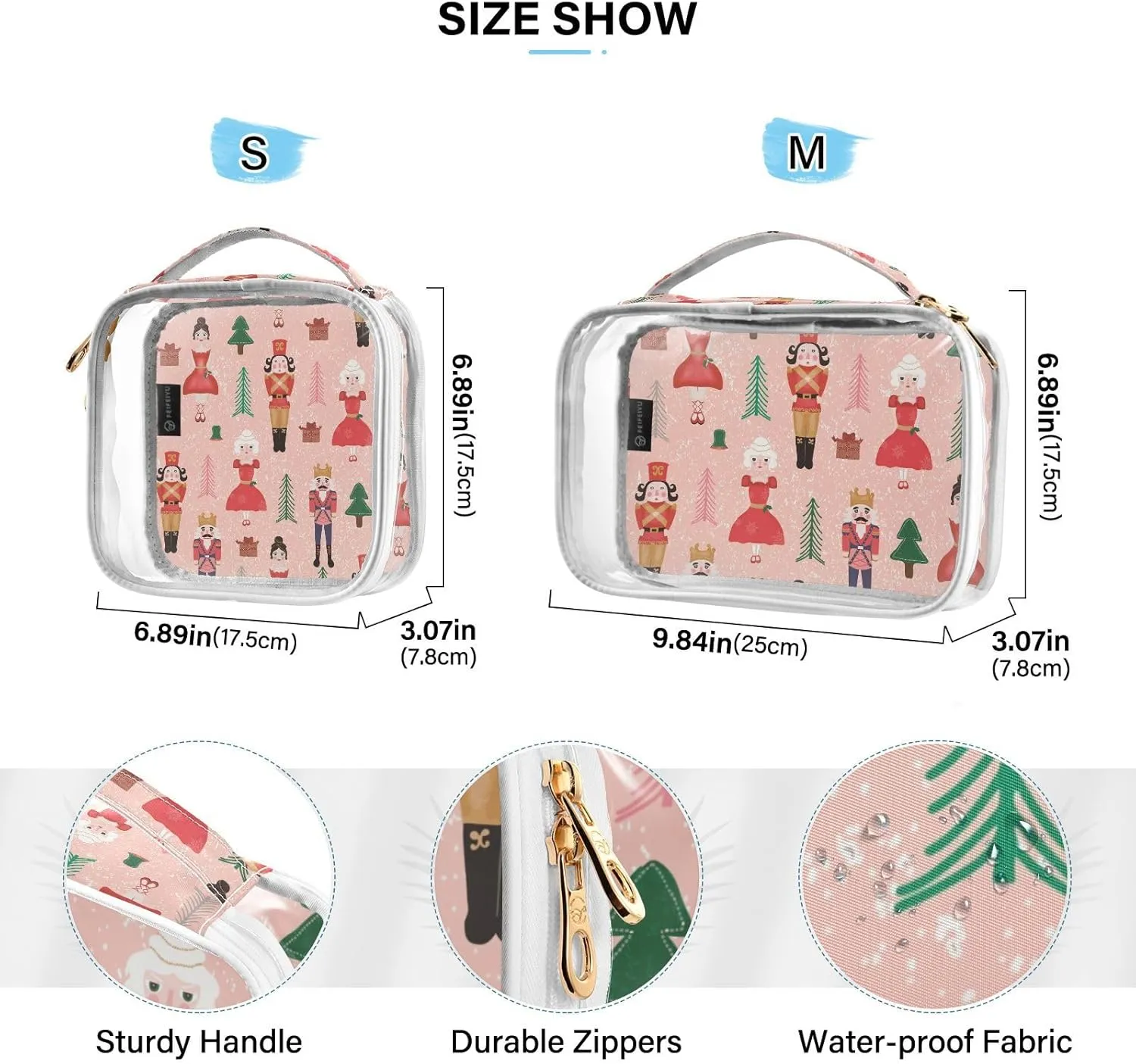 Pink Tree Nutcrackers 2 Pieces Clear Makeup Cosmetic Toiletry Bags for Women PVC Waterproof Portable Travel Storage Carry Pouch with Gold Zippers Organizer Case for Vacation Organizing Traveling