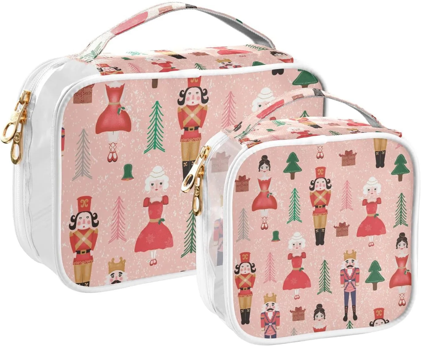 Pink Tree Nutcrackers 2 Pieces Clear Makeup Cosmetic Toiletry Bags for Women PVC Waterproof Portable Travel Storage Carry Pouch with Gold Zippers Organizer Case for Vacation Organizing Traveling