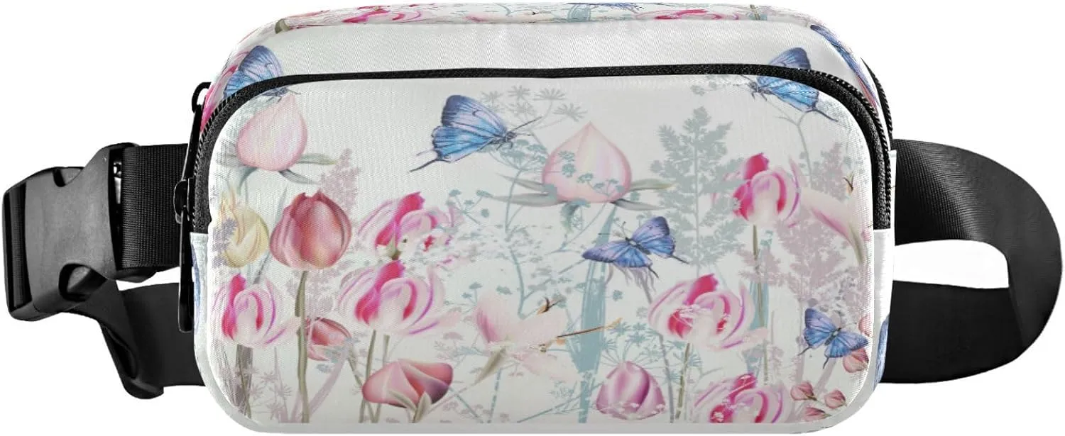 Pink Tulip Crocus Flowers Belt Bag for Women Men Butterflies Fanny Pack Small Waist Pouch Crossbody Bags for Outdoor Hiking Running Travel