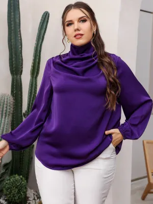 Plain Draped Long Sleeve Stand Collar Regular Plus Size Blouse