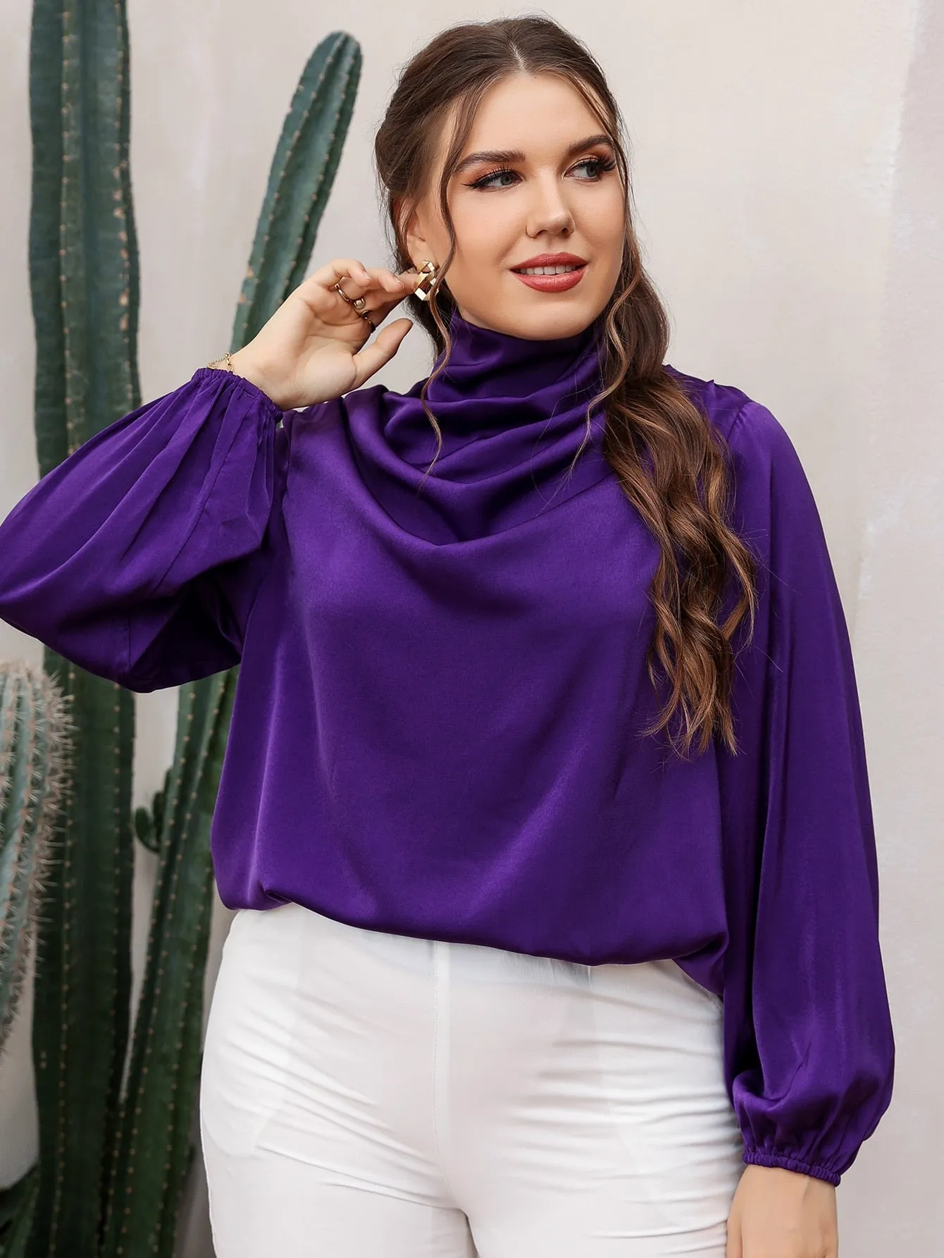 Plain Draped Long Sleeve Stand Collar Regular Plus Size Blouse