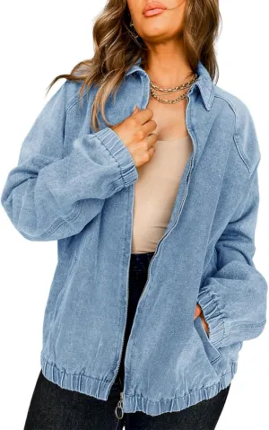 PLNOTME Womens Casual Long Sleeve Jean Jacket Trendy Front Zipper Elastic Hem Denim Jacket Coat