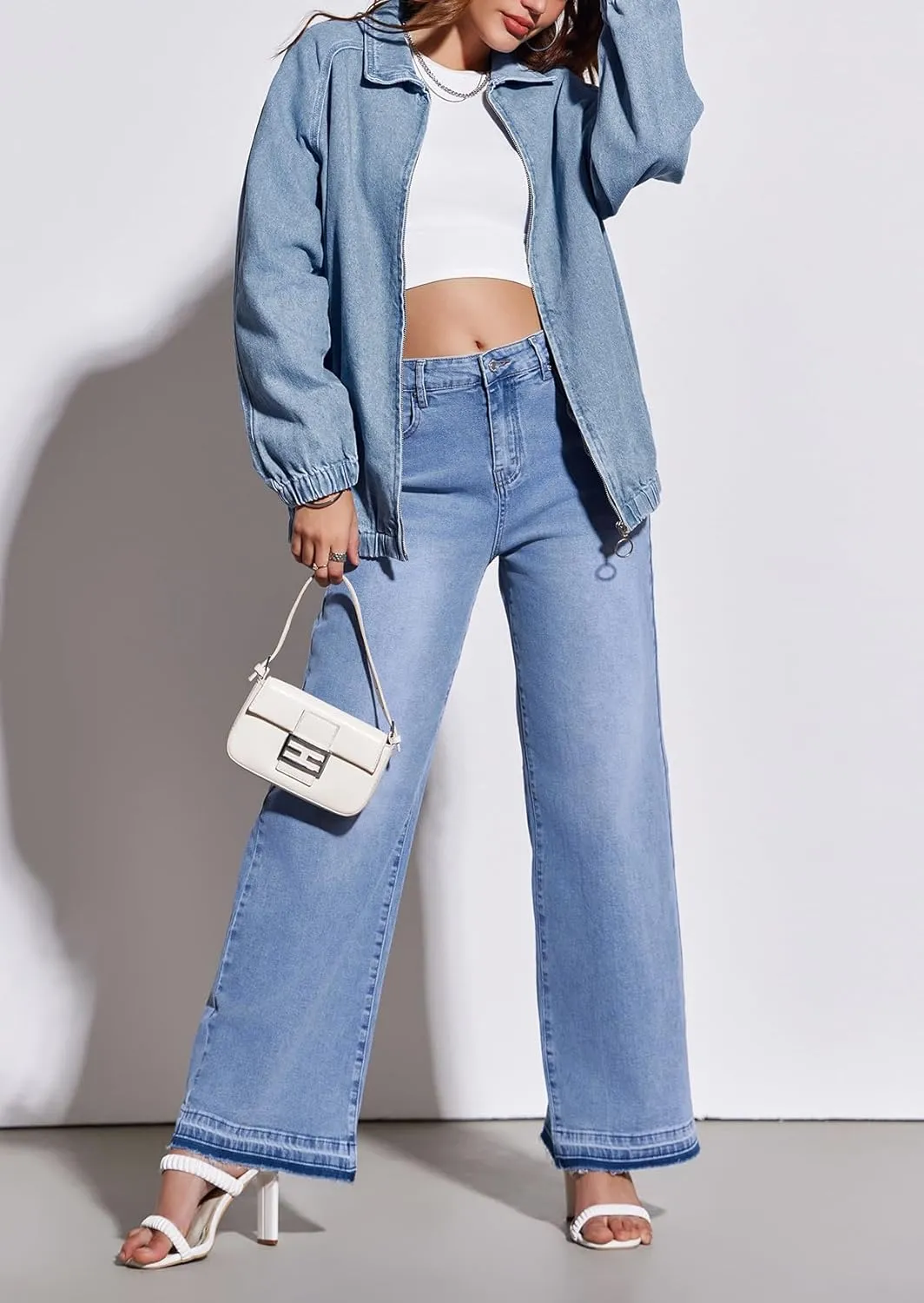 PLNOTME Womens Casual Long Sleeve Jean Jacket Trendy Front Zipper Elastic Hem Denim Jacket Coat