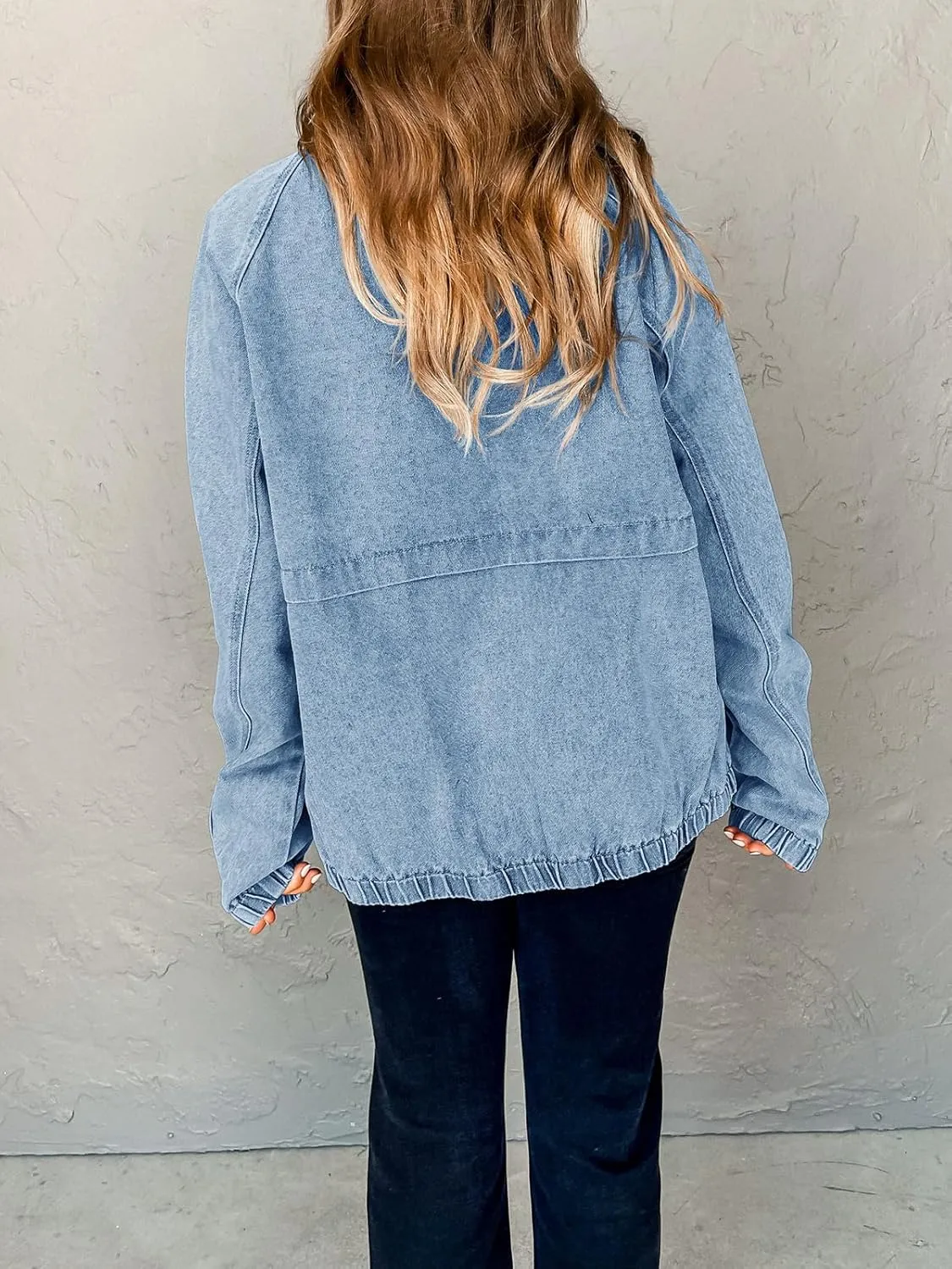 PLNOTME Womens Casual Long Sleeve Jean Jacket Trendy Front Zipper Elastic Hem Denim Jacket Coat