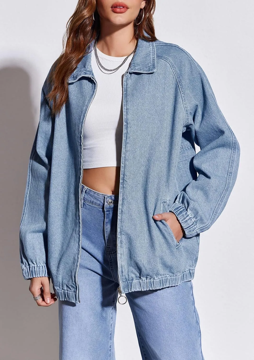 PLNOTME Womens Casual Long Sleeve Jean Jacket Trendy Front Zipper Elastic Hem Denim Jacket Coat