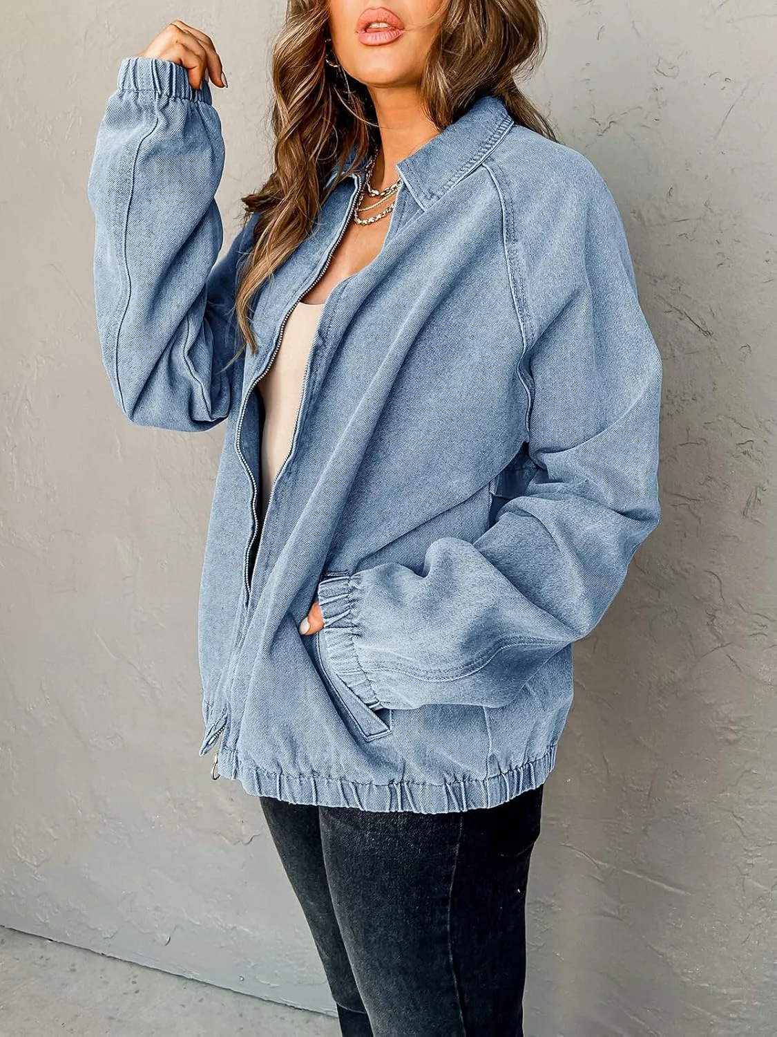 PLNOTME Womens Casual Long Sleeve Jean Jacket Trendy Front Zipper Elastic Hem Denim Jacket Coat