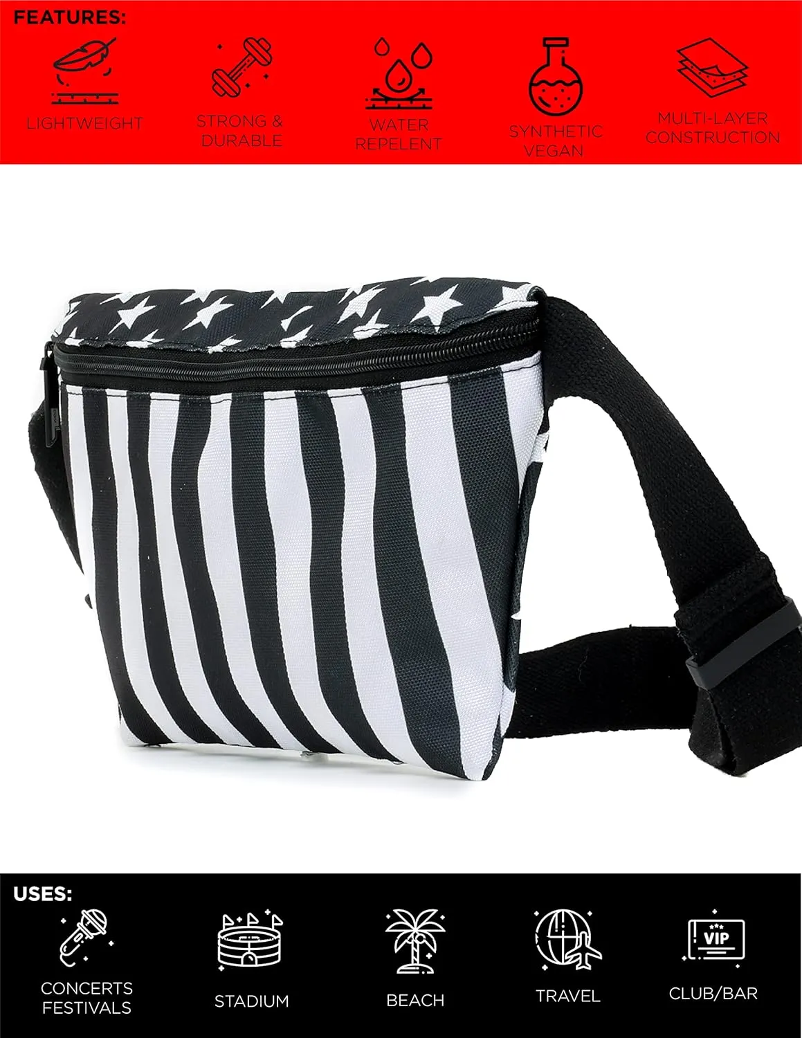 Plus Size Fanny Packs for Women  80s/90s Large Bum Bag  Unisex Crossbody Waist Belt Bag for Travel, Festivals, Sports & Daily Use  Waist Belt Bag for Women | Black Flag