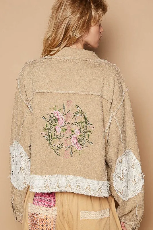 POL Clothing Crochet Patch Embroidered Button Up Womens Jacket