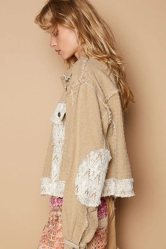 POL Clothing Crochet Patch Embroidered Button Up Womens Jacket