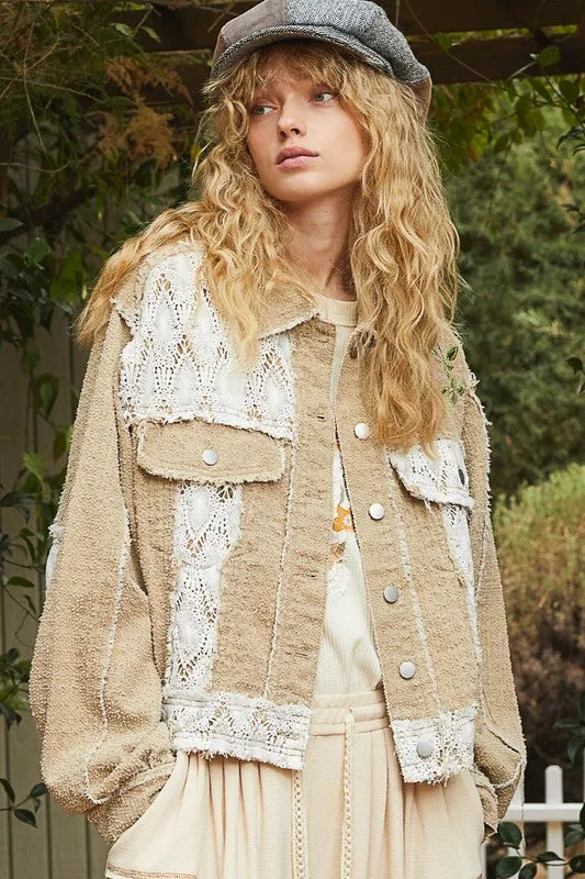 POL Clothing Crochet Patch Embroidered Button Up Womens Jacket