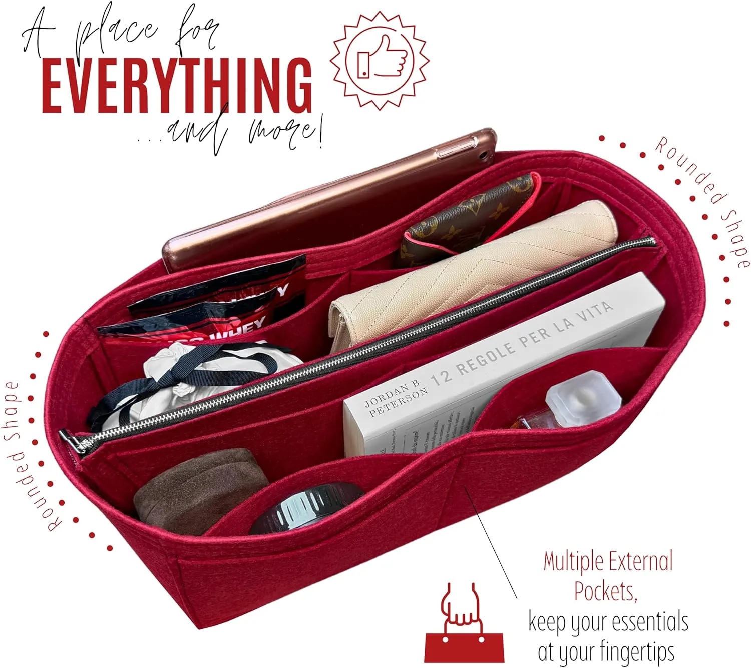 Premium Purse Organizer compatible with Lv Carryall PM/MM Bag Organizer Insert - Handmade Purse Liner, Perfect Fit for Hobo Bag Shaped (Red, for Carryall PM)