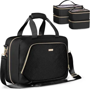 Professional Makeup Artist Travel Case with 4 Detachable Cosmetic Bags, Large Make up Organizer Bag with Makeup Kit Storage Section and Hair Tools Pocket, Black (Empty Bag Only)