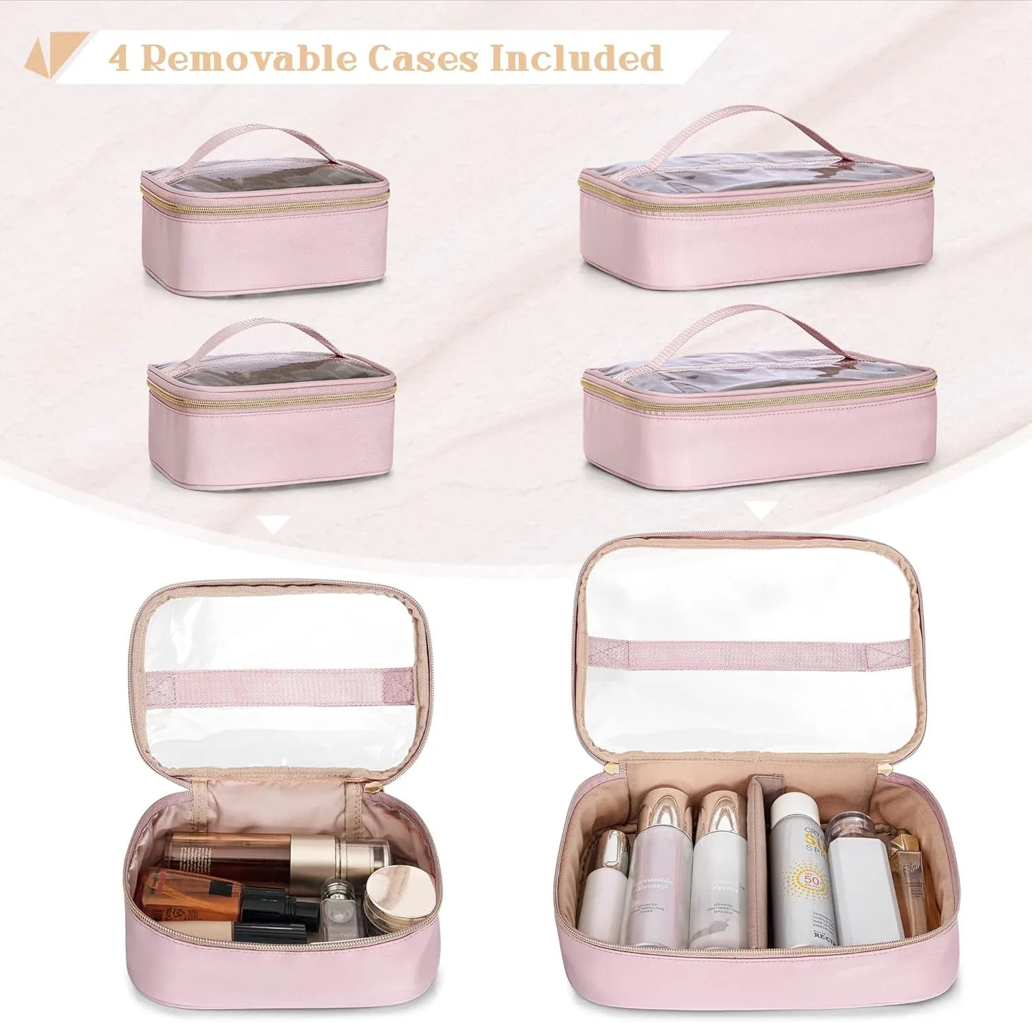 Professional Makeup Artist Travel Case with 4 Detachable Cosmetic Bags, Large Make up Organizer Bag with Makeup Kit Storage Section and Hair Tools Pocket, Pink (Empty Bag Only)
