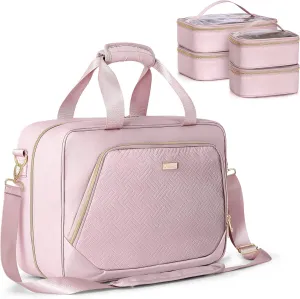 Professional Makeup Artist Travel Case with 4 Detachable Cosmetic Bags, Large Make up Organizer Bag with Makeup Kit Storage Section and Hair Tools Pocket, Pink (Empty Bag Only)
