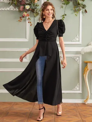 Puff Sleeve Button Detail Ruched Front Dip Hem Top