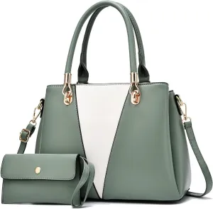 Purse Top Handle Bags Contrast Stitching Leather Satchel Purse Set 2pcs Totes Shoulder for Ladies Womens Handbags