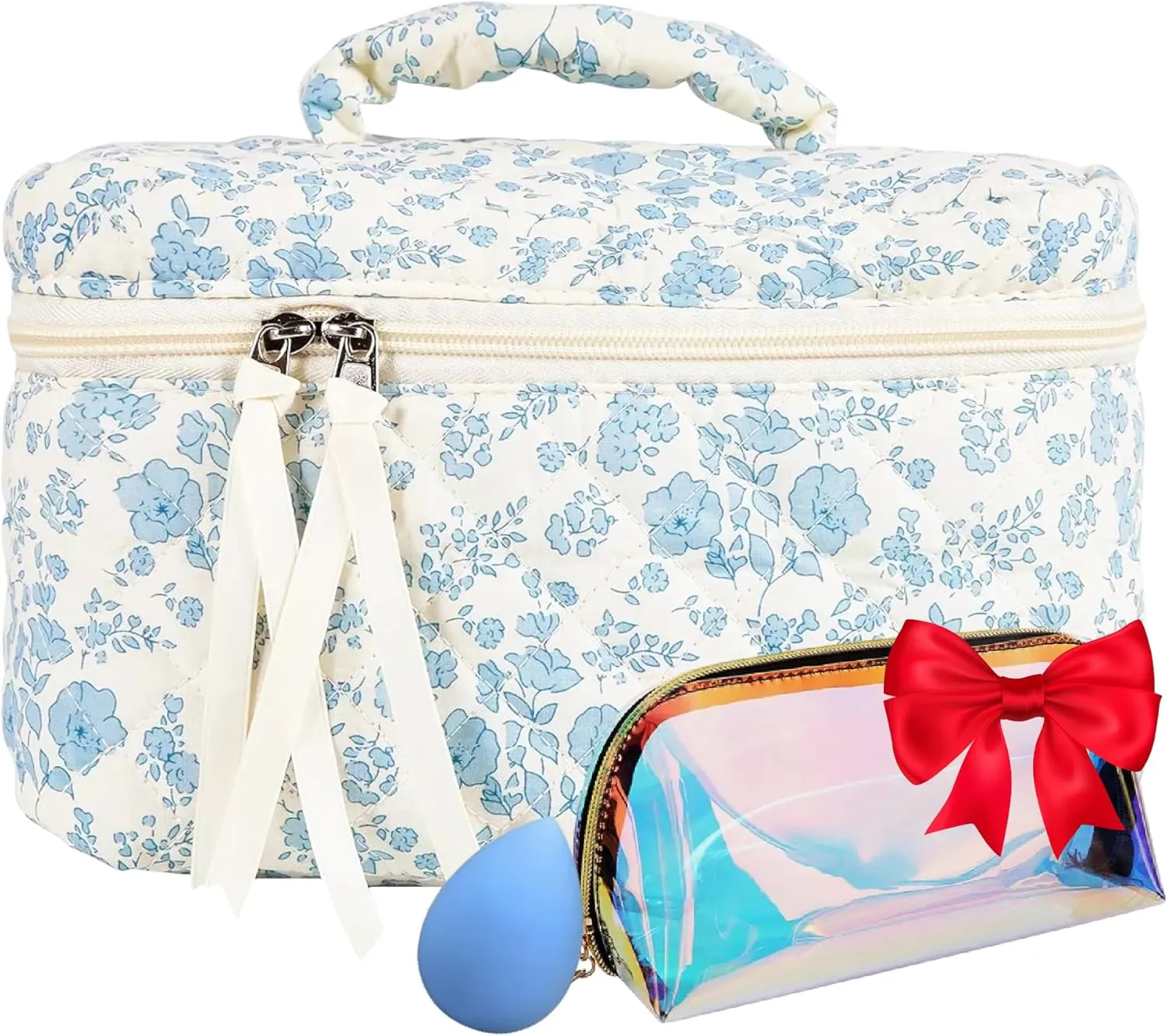 Quilted Makeup Bag - Stylish Organizer for Your Beauty Essentials | Travel in Glamour, Blue, WHITE