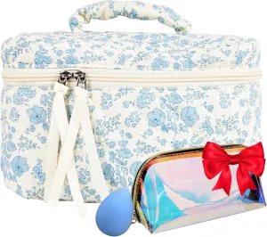 Quilted Makeup Bag - Stylish Organizer for Your Beauty Essentials | Travel in Glamour, Blue, WHITE