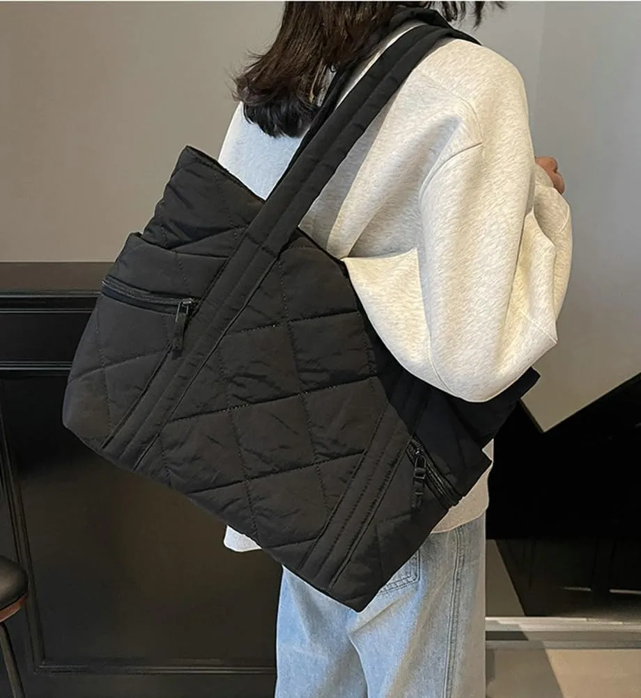 Quilted Nylon Tote Bag Women Puffy Hobo Bags Puffer Crossbody Purses Cloud Shoulder Bag Lightweight Crescent Tote Handbag