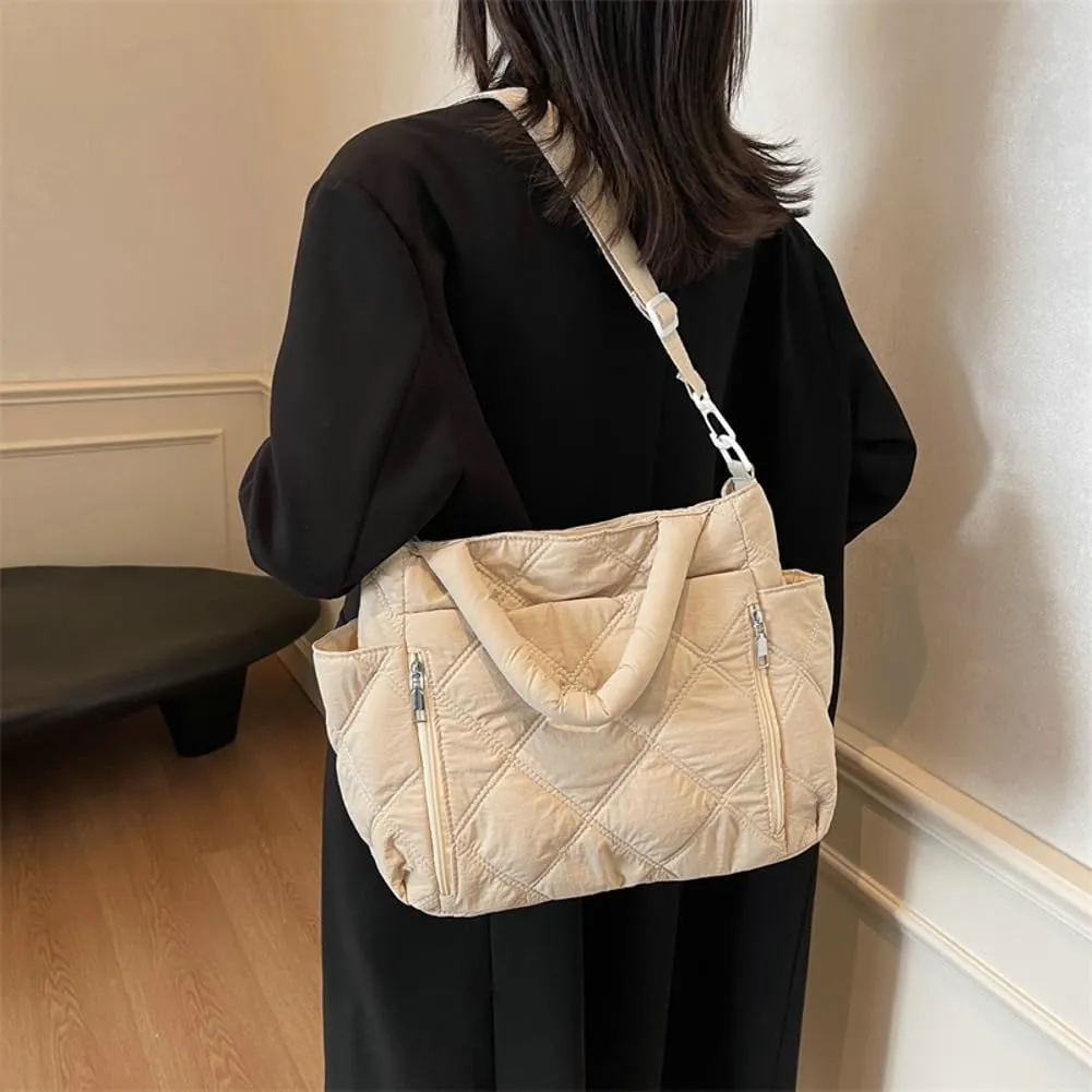 Quilted Tote Bag Women Puffy Hobo Bags Puffer Crossbody Purses Cloud Shoulder Bag Lightweight Crescent Nylon Tote Handbag