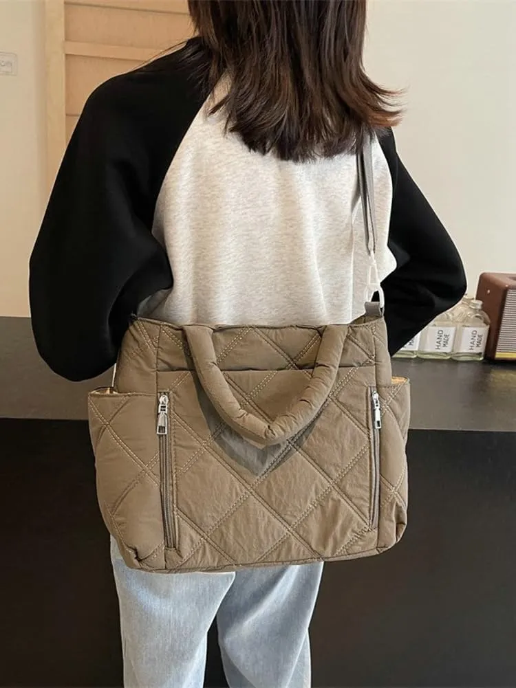 Quilted Tote Bag Women Puffy Hobo Bags Puffer Crossbody Purses Cloud Shoulder Bag Lightweight Crescent Nylon Tote Handbag