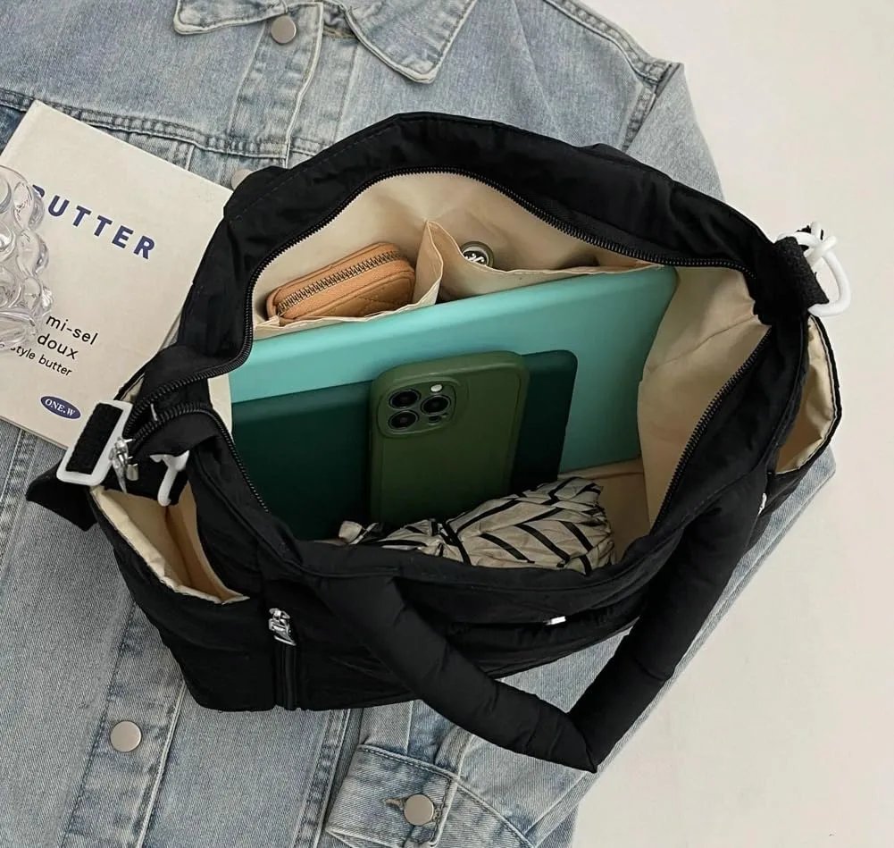 Quilted Tote Bag Women Puffy Hobo Bags Puffer Crossbody Purses Cloud Shoulder Bag Lightweight Crescent Nylon Tote Handbag
