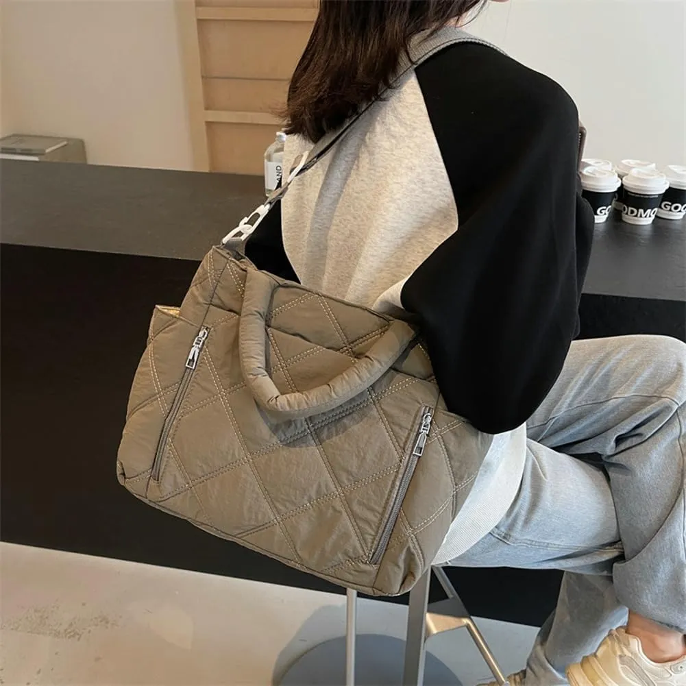 Quilted Tote Bag Women Puffy Hobo Bags Puffer Crossbody Purses Cloud Shoulder Bag Lightweight Crescent Nylon Tote Handbag